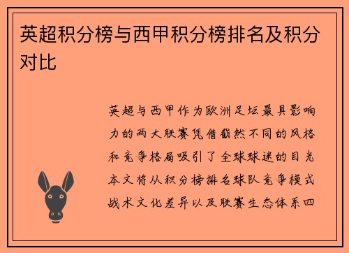 英超积分榜与西甲积分榜排名及积分对比