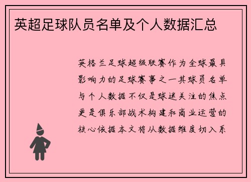 英超足球队员名单及个人数据汇总