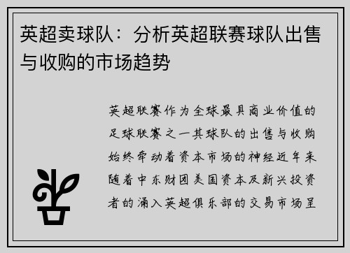 英超卖球队：分析英超联赛球队出售与收购的市场趋势