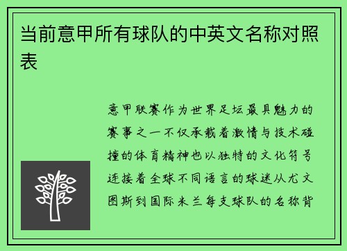 当前意甲所有球队的中英文名称对照表